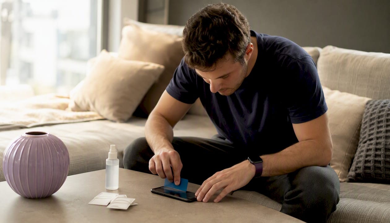 Man smoothing air bubbles on screen protector