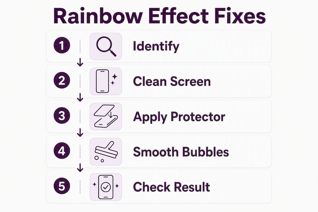 Infographic showing step-by-step fixes to remove rainbow effect