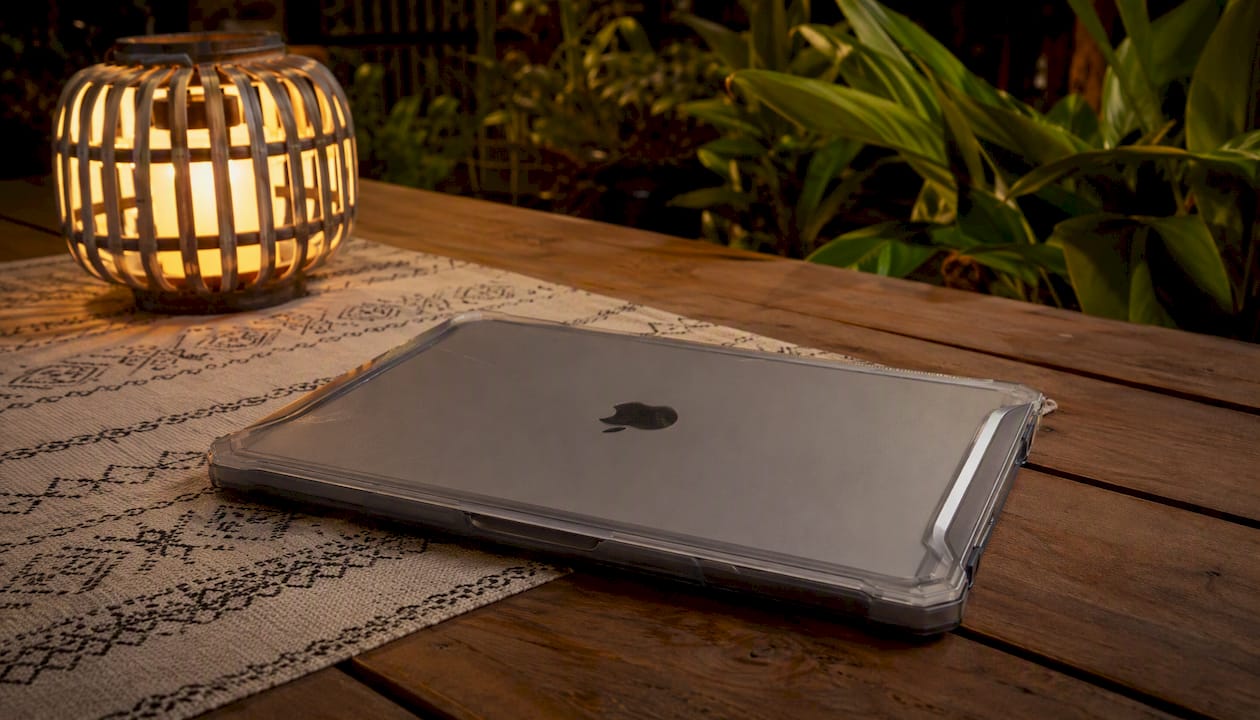 Close-up rugged MacBook Pro case outdoors