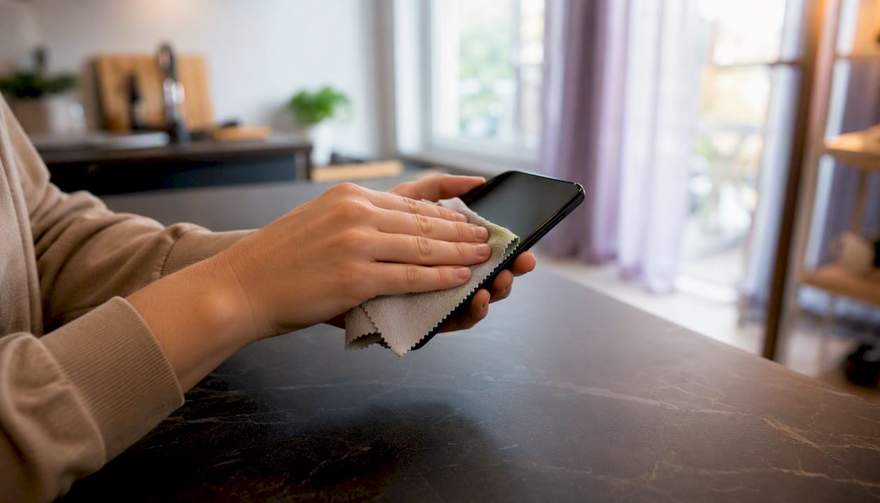 Wiping phone screen with microfiber cloth