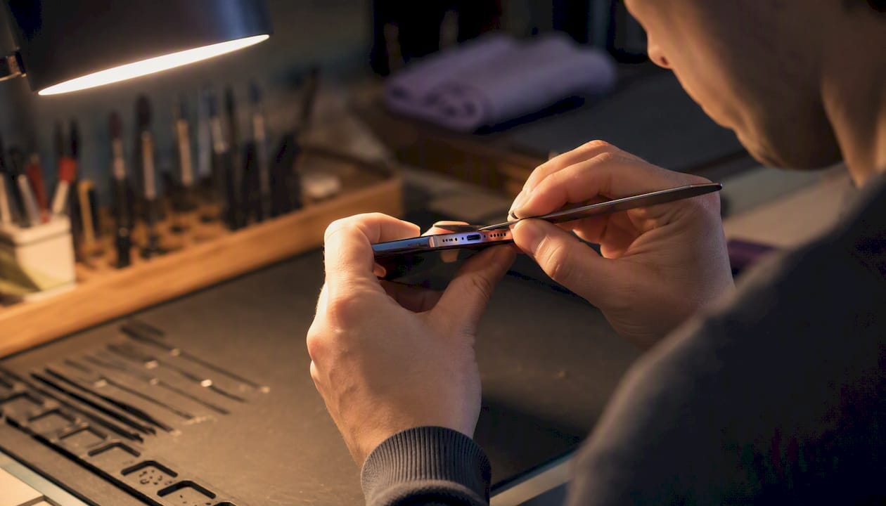 Hands inspecting phone microphone in repair shop