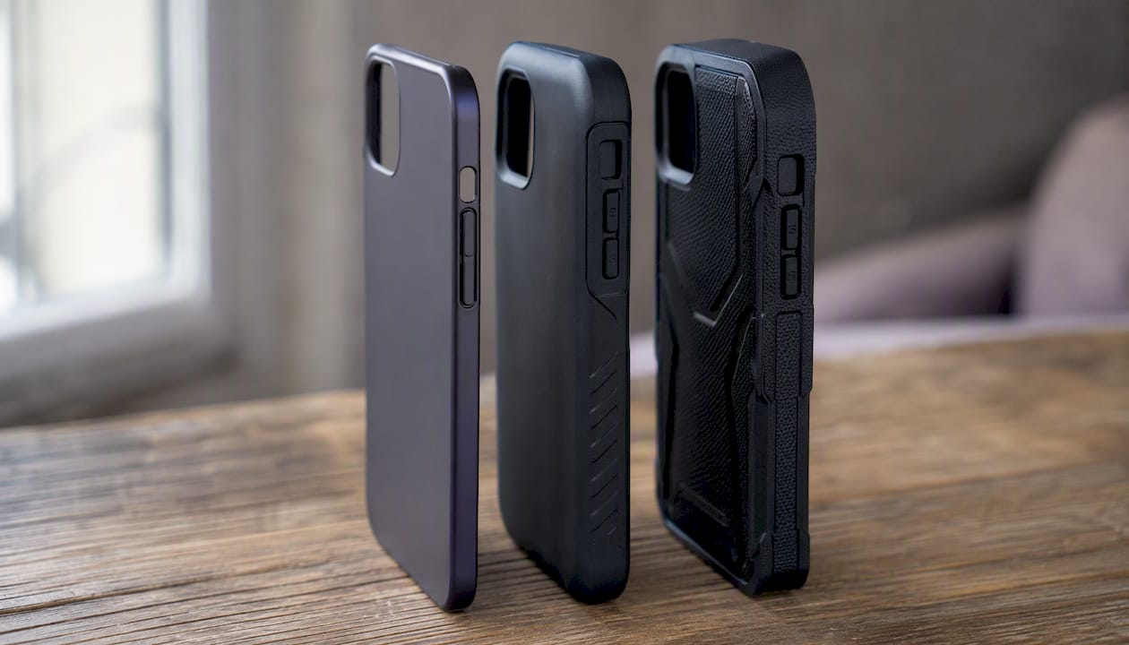 Various smartphone cases showing different thickness and textures