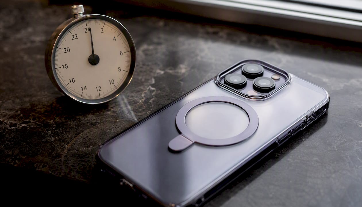 Phone case resting beside timer symbolizing cure time