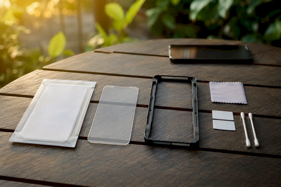 Tempered glass protector installation tools on desk