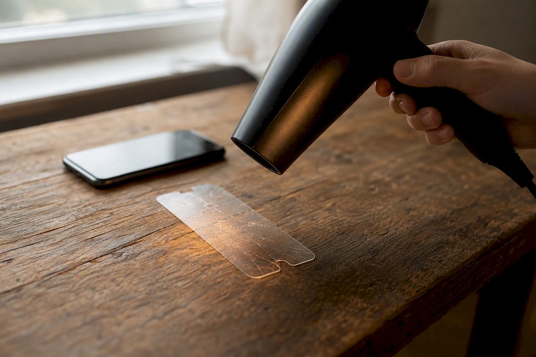 Hairdryer warming cracked screen protector on phone