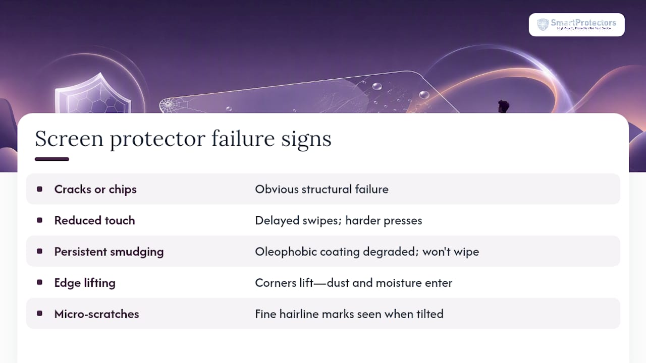 Diagram showing signs a screen protector is no longer effective