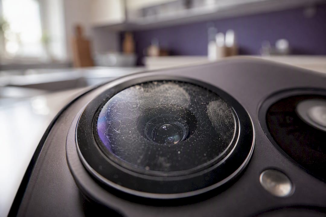 Dust and smudges on camera lens protector surface