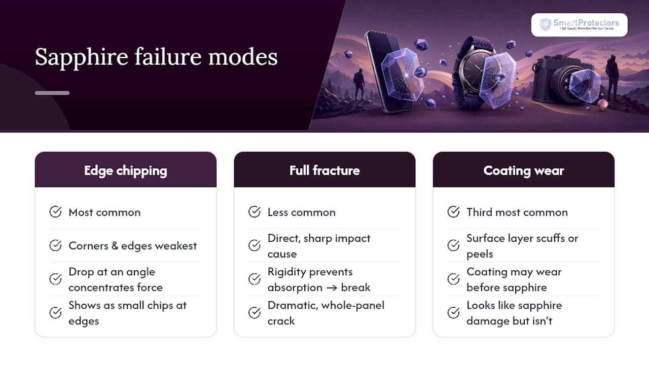 Chipped edges and cracked coatings: how sapphire protectors actually fail — overview diagram