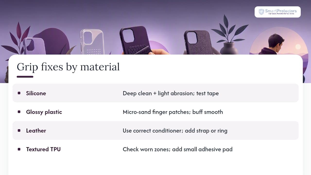 Material-specific phone case grip fixes
