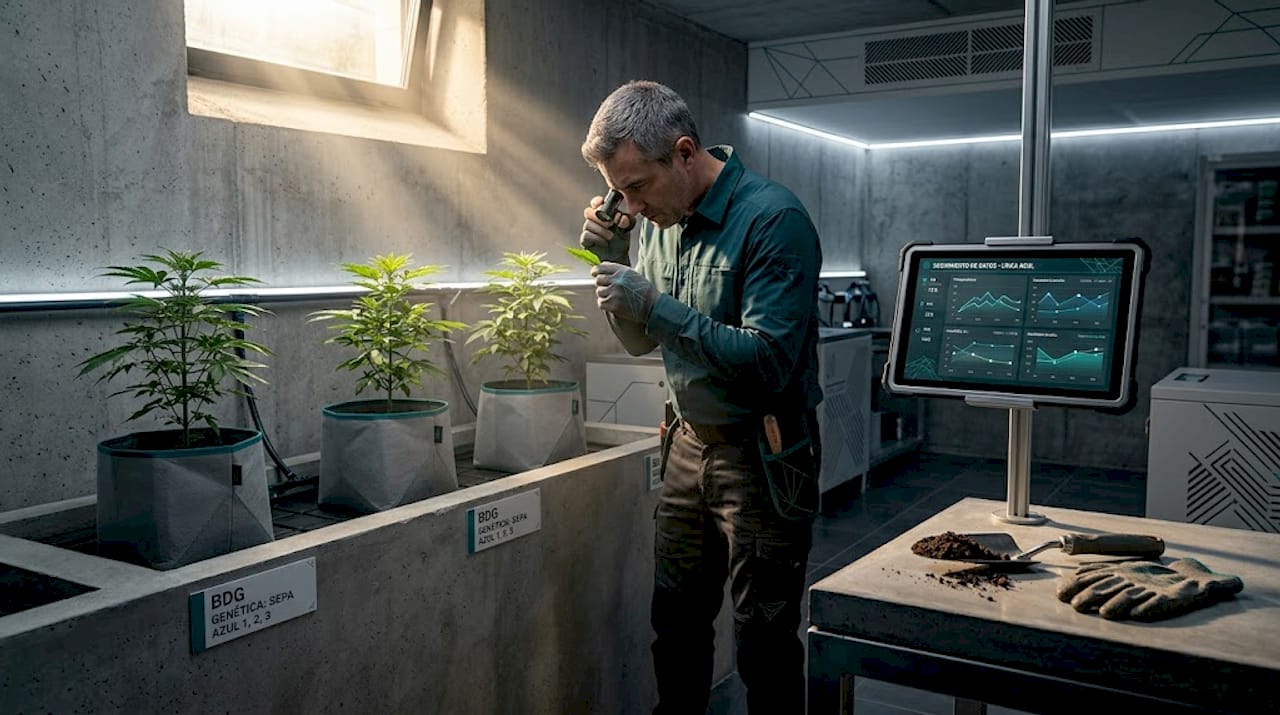 Cultivador analizando la genética del cannabis con herramientas especializadas