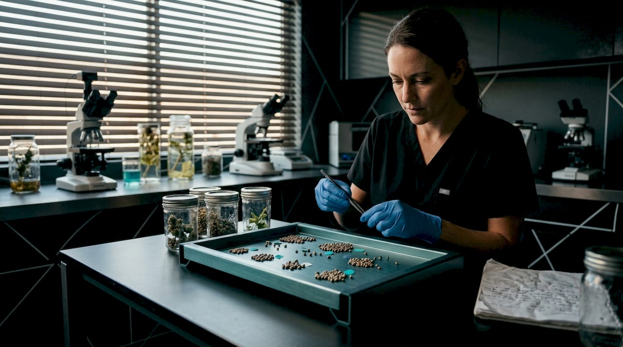 Mesa de laboratorio con semillas de cannabis y un botánico trabajando