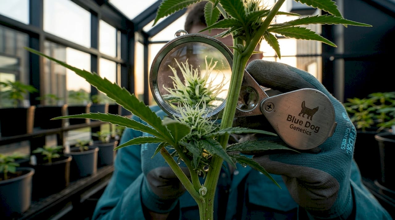 Un cultivador revisa con una lupa las primeras flores de una planta de cannabis que crece al aire libre.