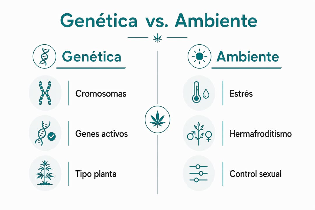 Infografía que analiza cómo influyen la genética y el entorno en el sexo y el hermafroditismo del cannabis