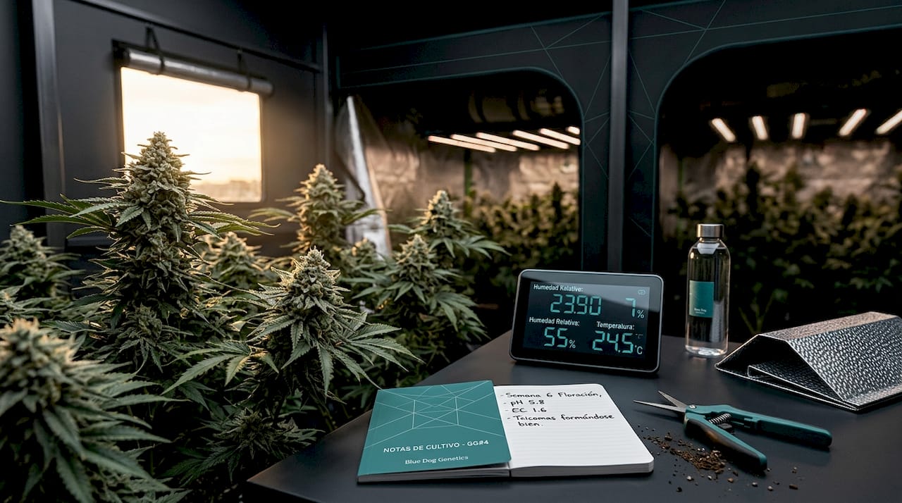 Detalle de un armario de cultivo interior con plantas de cannabis