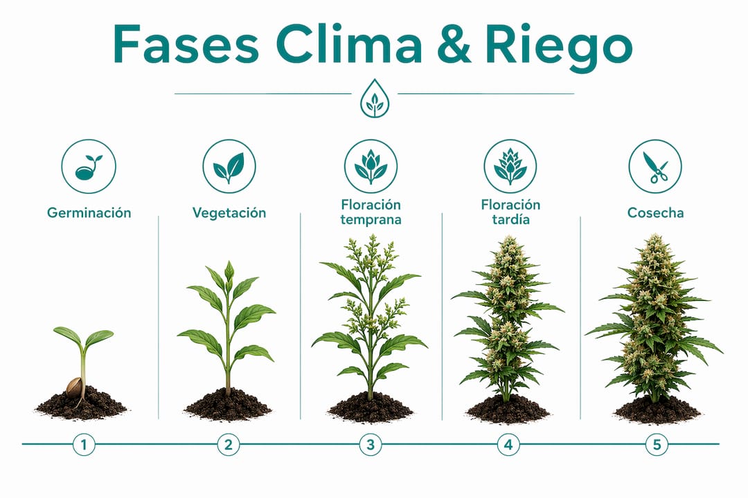 Infografía sobre las etapas clave para manejar el clima y el riego en el cultivo de plantas autoflorecientes