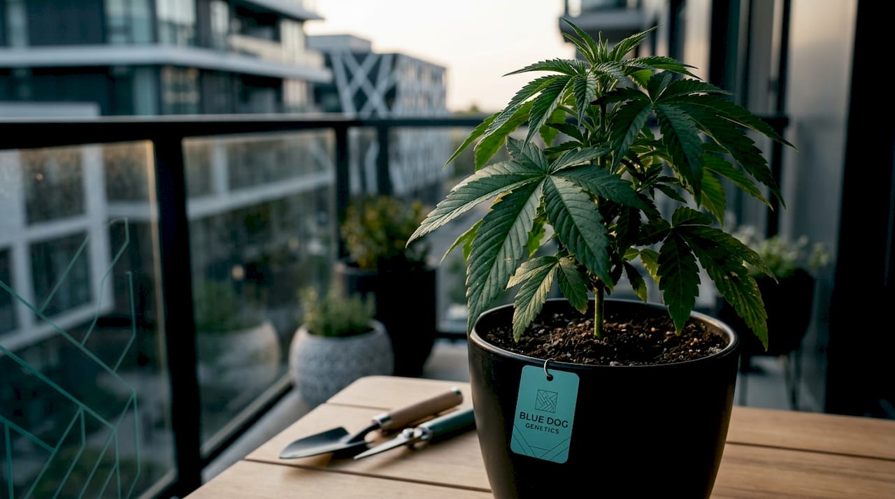 Detalle de las hojas de una planta de cannabis índica al aire libre