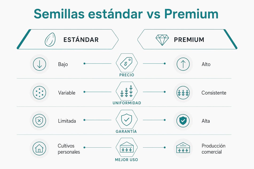 Infografía que muestra una comparación entre semillas estándar y semillas premium, destacando sus principales ventajas y desventajas.