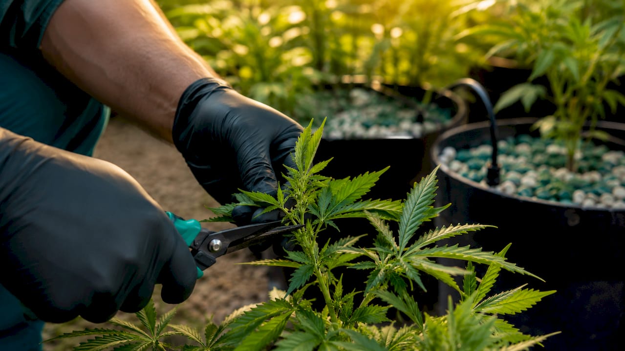 Manos cortando esquejes de cannabis en un cultivo