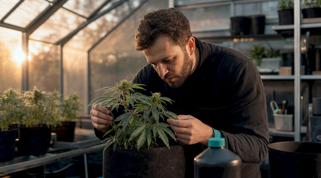 Manos cuidando una planta de cannabis híbrida con nutrientes
