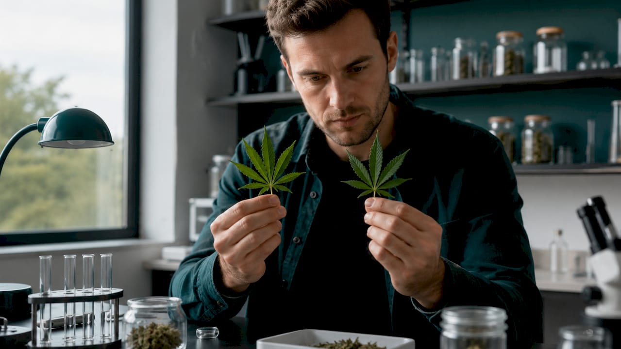 Manos examinando y comparando hojas de cannabis en un laboratorio.