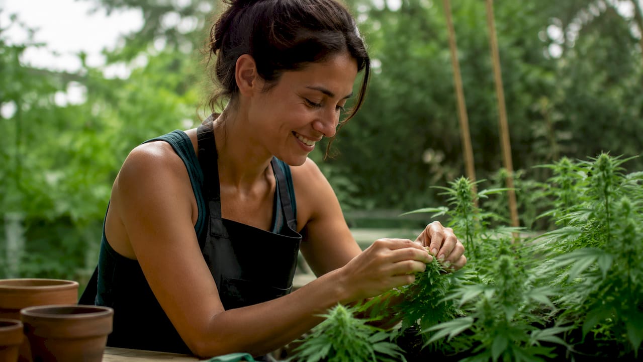 Una mujer dedica tiempo a cuidar sus plantas de cannabis en la terraza de su casa.