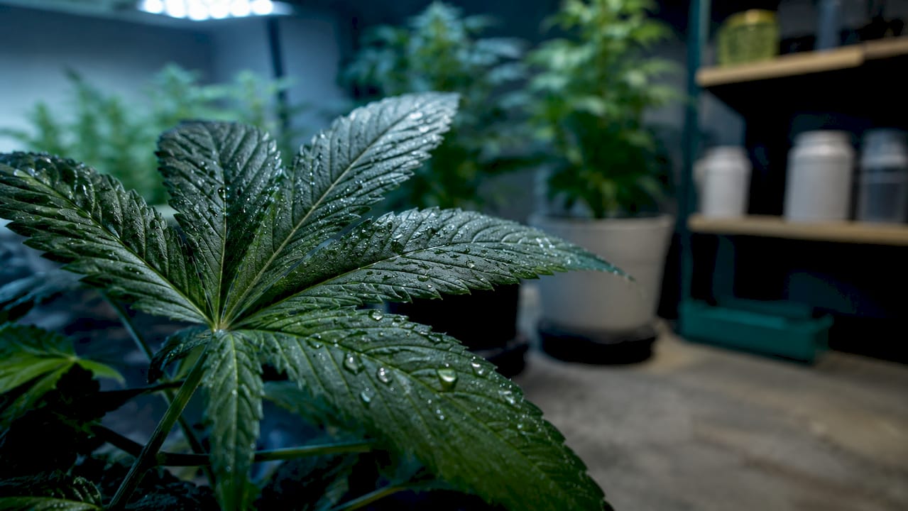 Hoja de cannabis tratada con fertilizante líquido
