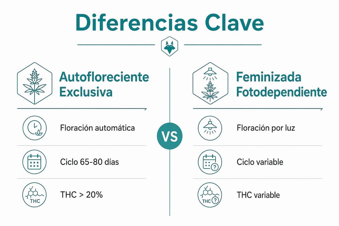 Infografía que muestra las diferencias clave entre variedades autoflorecientes exclusivas y semillas feminizadas