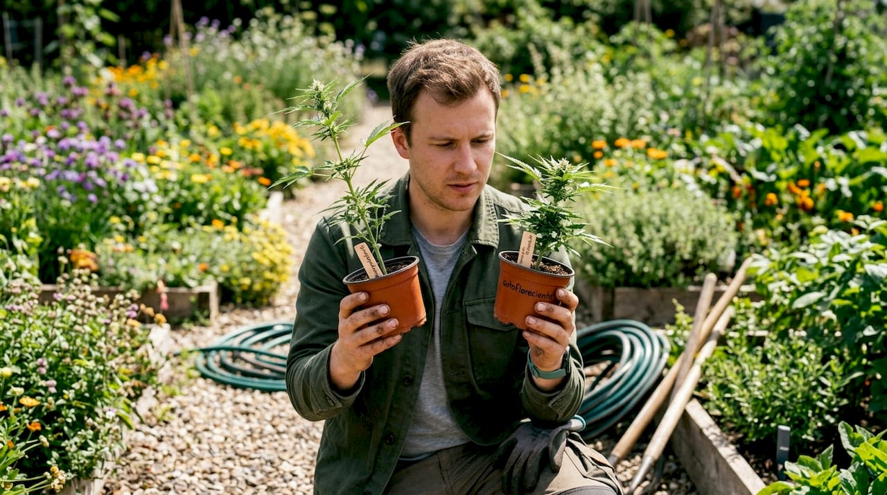 Manos mostrando la diferencia entre plantas autoflorecientes y fotodependientes