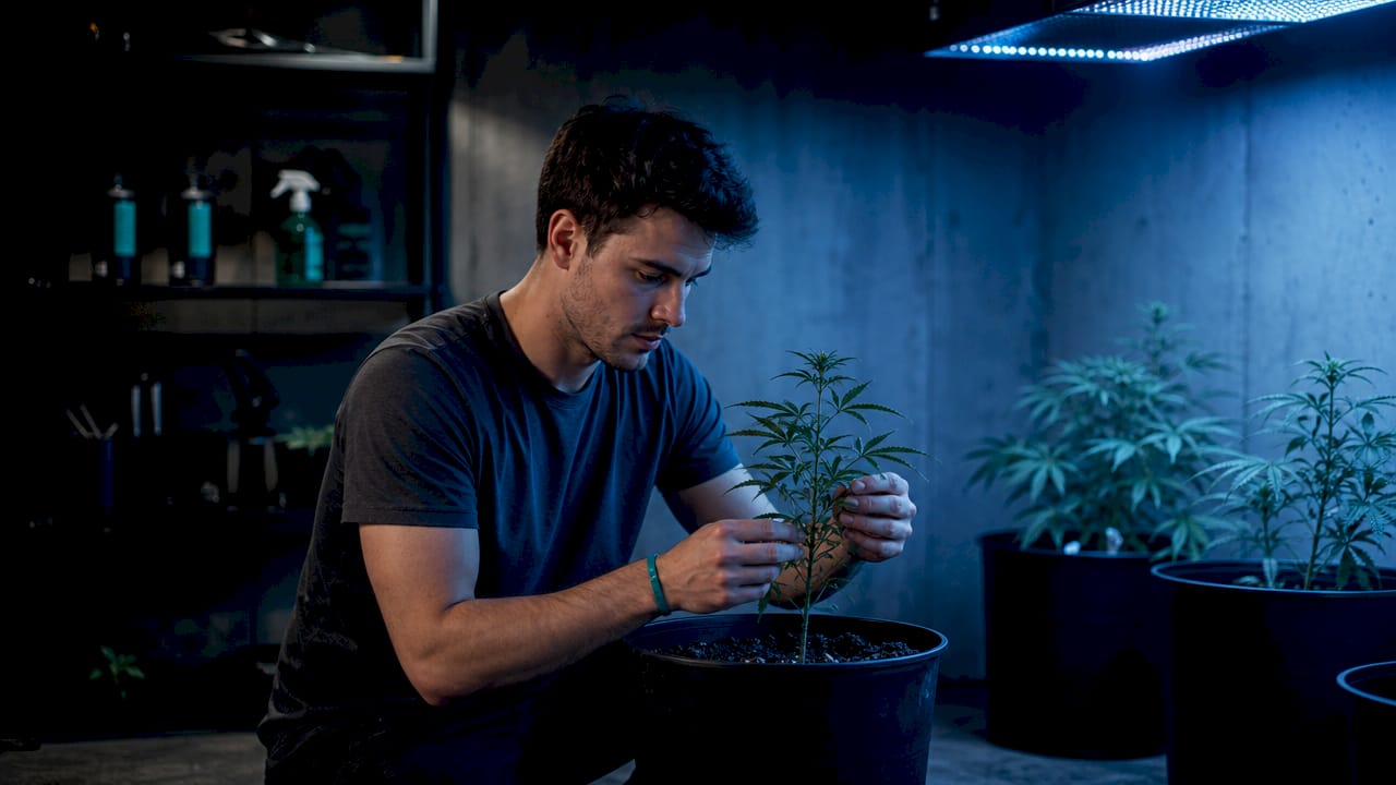 Unas manos revisan cuidadosamente una planta de cannabis joven cultivada en interior.