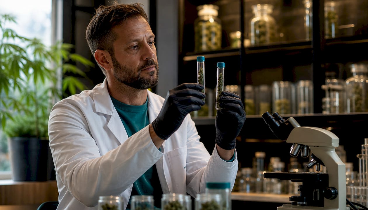 Manos manipulando tubos de ensayo con muestras de cannabis en un laboratorio