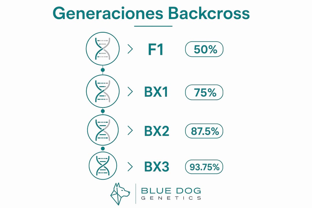 Infografía que ilustra cómo evoluciona la genética a lo largo de varias generaciones de retrocruzamiento