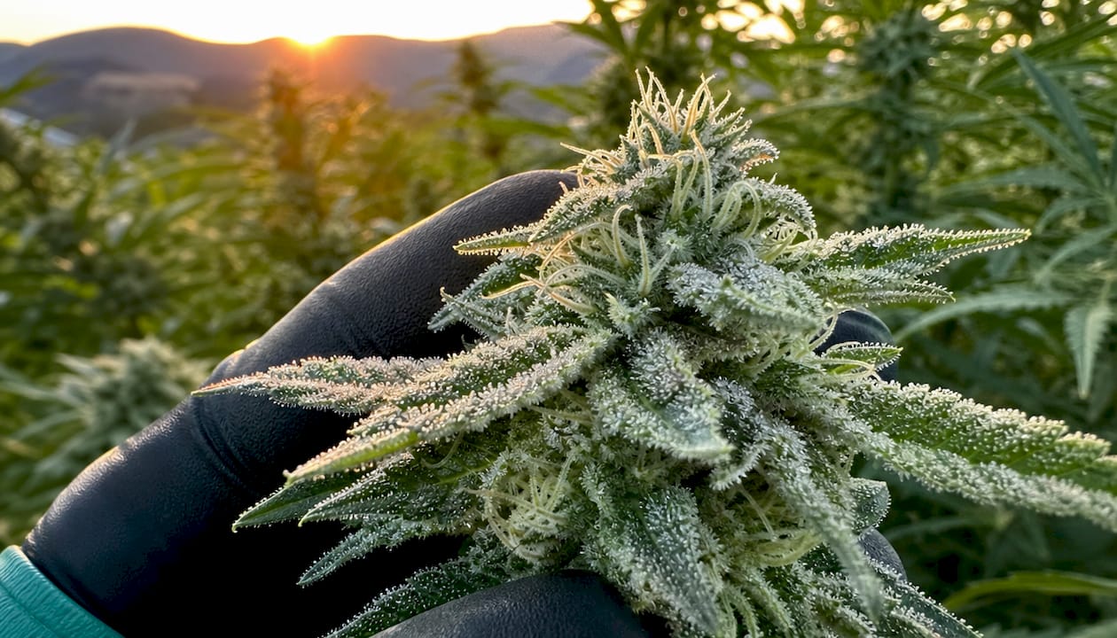 Detalle de tricomas de cannabis en estado lechoso