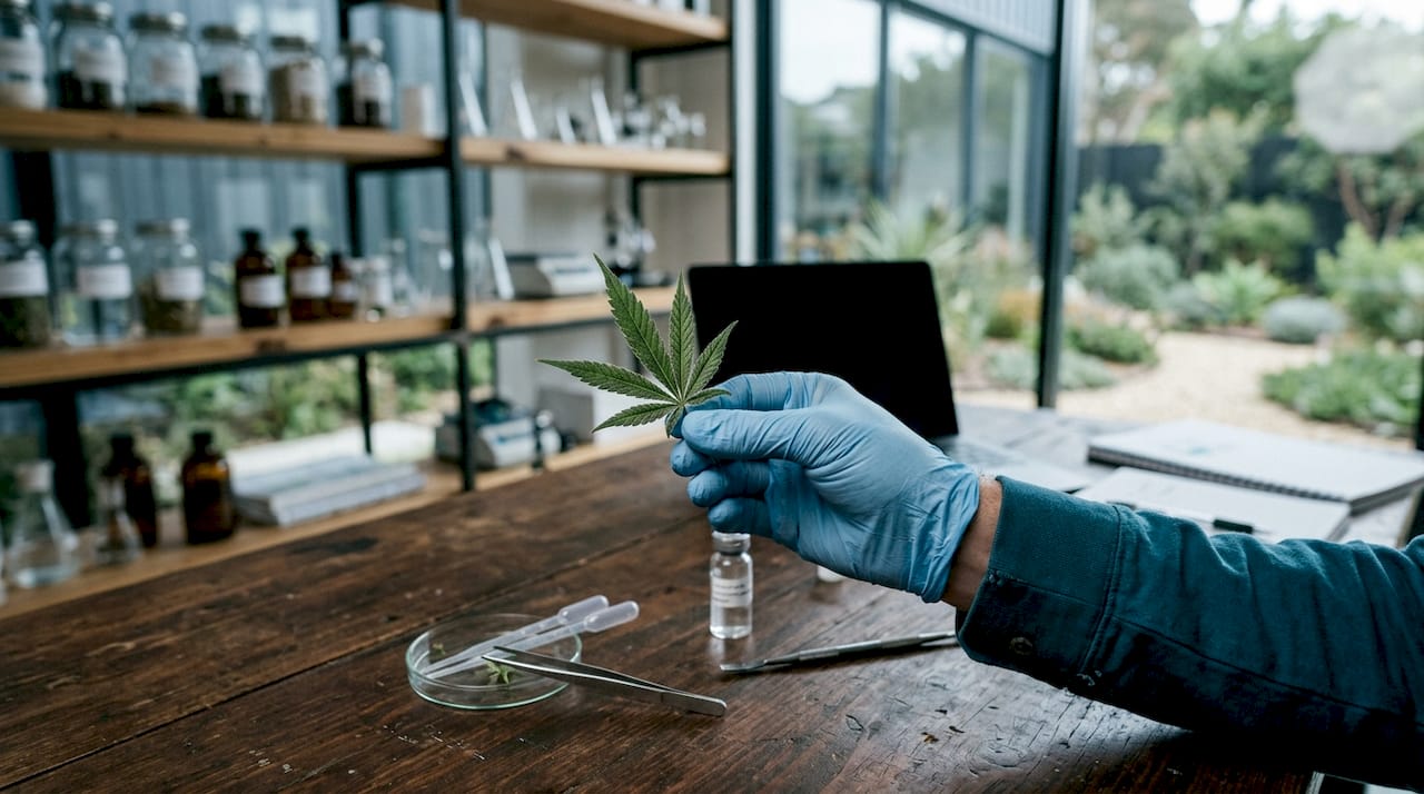 Manos sosteniendo una hoja de cannabis junto a instrumentos de laboratorio especializados en genética.