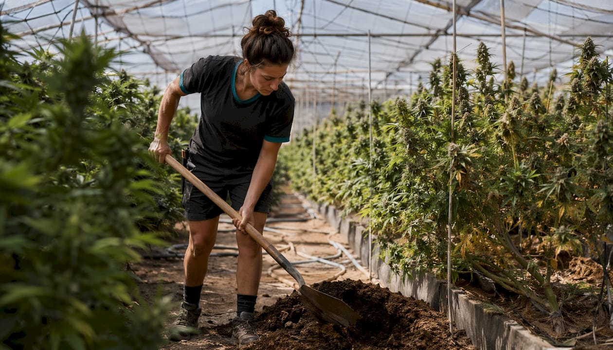 Unas manos trabajan la tierra fértil mientras cuidan una planta de cannabis en pleno cultivo.