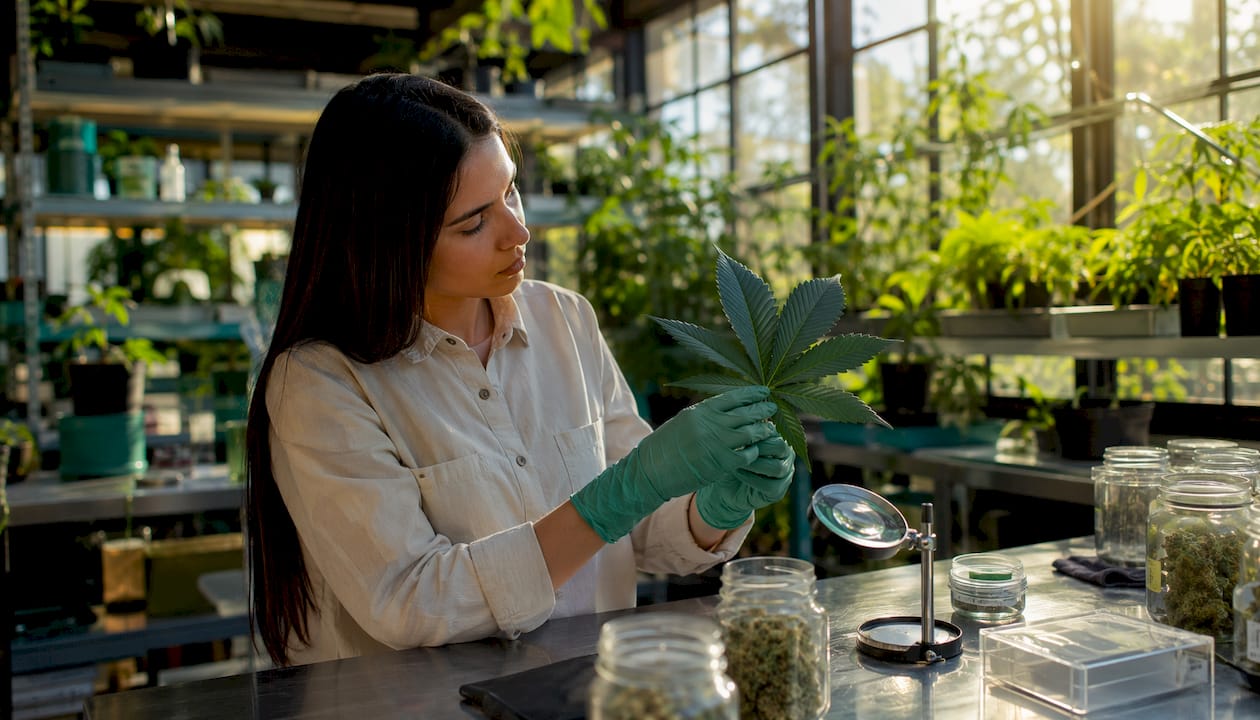 Una mano examina una hoja de cannabis en un laboratorio