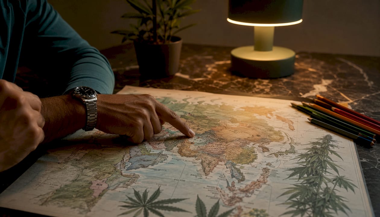 Una mano indica en el mapa las regiones donde se originan las variedades autóctonas de cannabis.