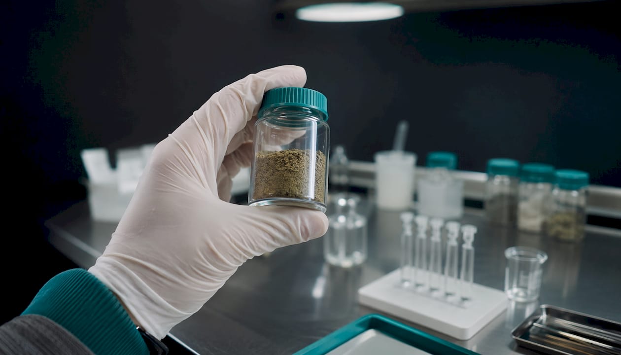 Muestra de polen de cannabis almacenada en un laboratorio esterilizado