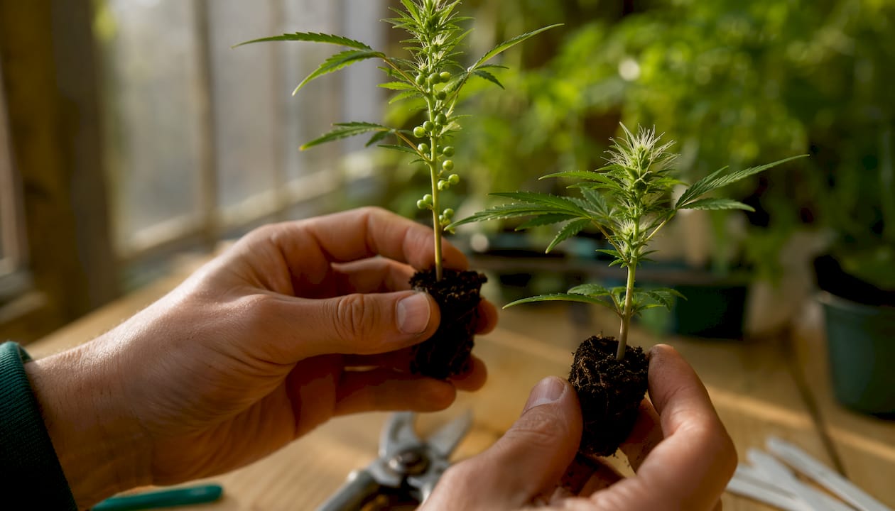 Manos sosteniendo ejemplares de plantas de cannabis macho y hembra