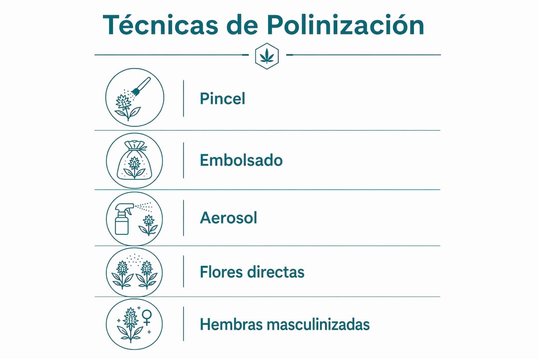 Infografía sobre las mejores técnicas para realizar una polinización controlada en plantas de cannabis