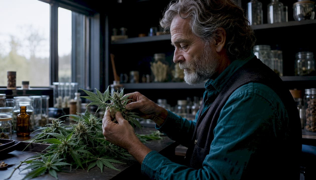 Unas manos revisan cuidadosamente las hojas de cannabis Hindu Kush.