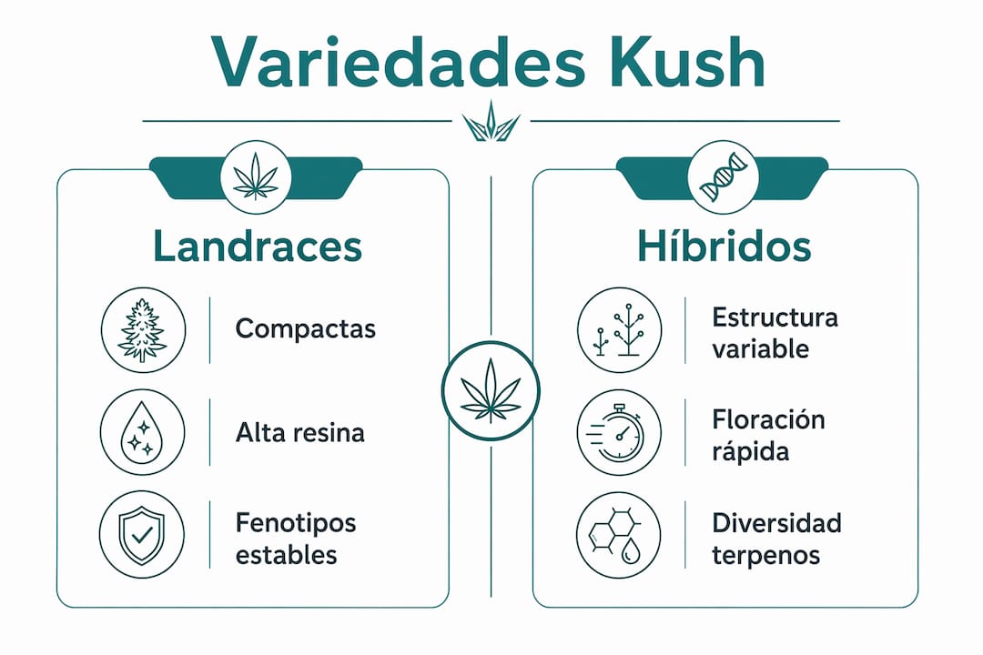 Infografía sobre las diferencias entre variedades Kush autóctonas y sus híbridos