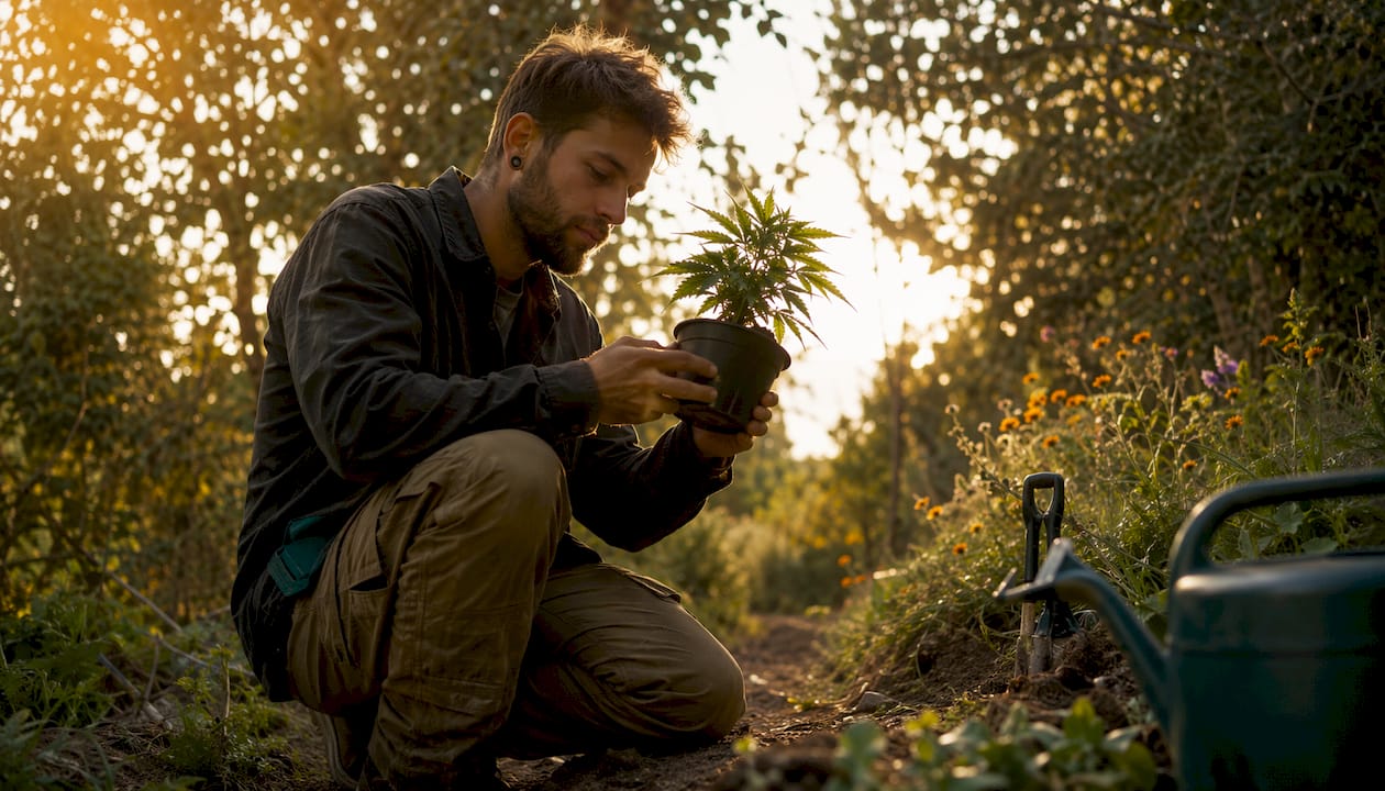 Manos examinando plantas de cannabis, tanto fotoperiódicas como autoflorecientes