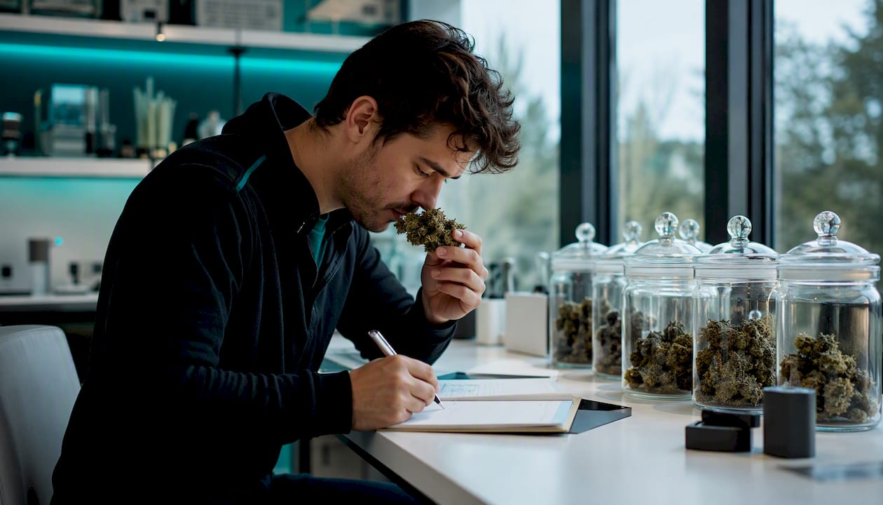 Una persona disfruta en su hogar del aroma de diferentes muestras de terpenos.