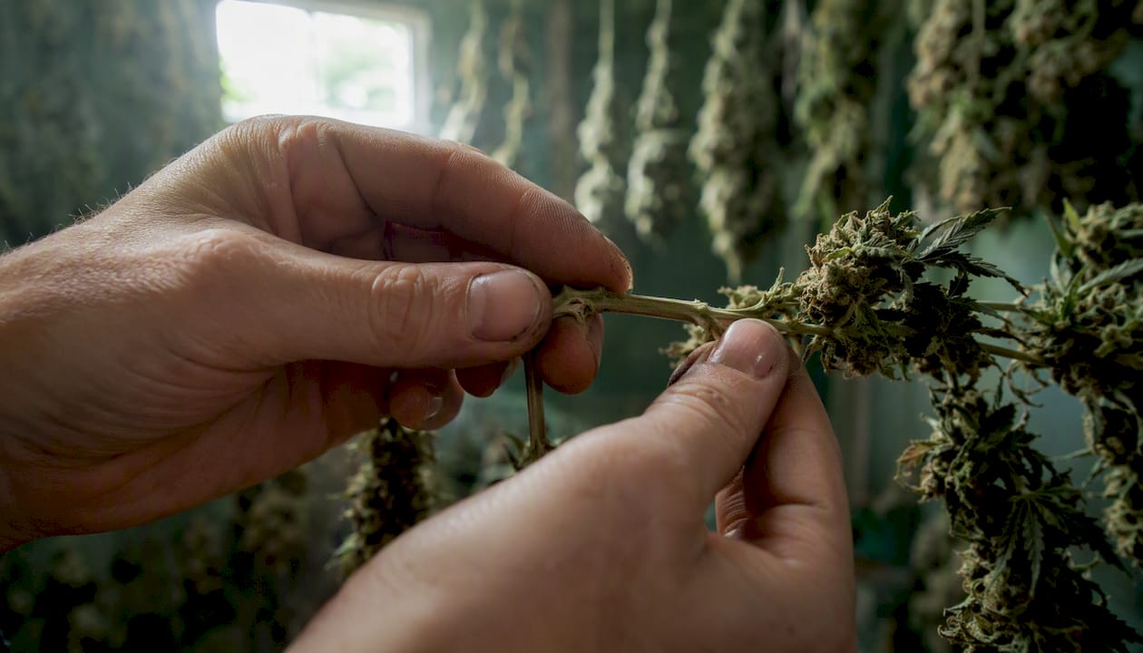 Manos doblando un tallo de cannabis para comprobar su flexibilidad
