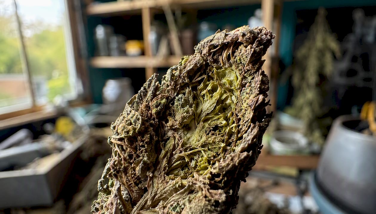 Cogollo de marihuana con la parte exterior seca, pero todavía húmedo por dentro.