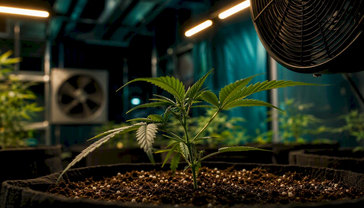 Ventilador moviendo el aire sobre una plántula de cannabis