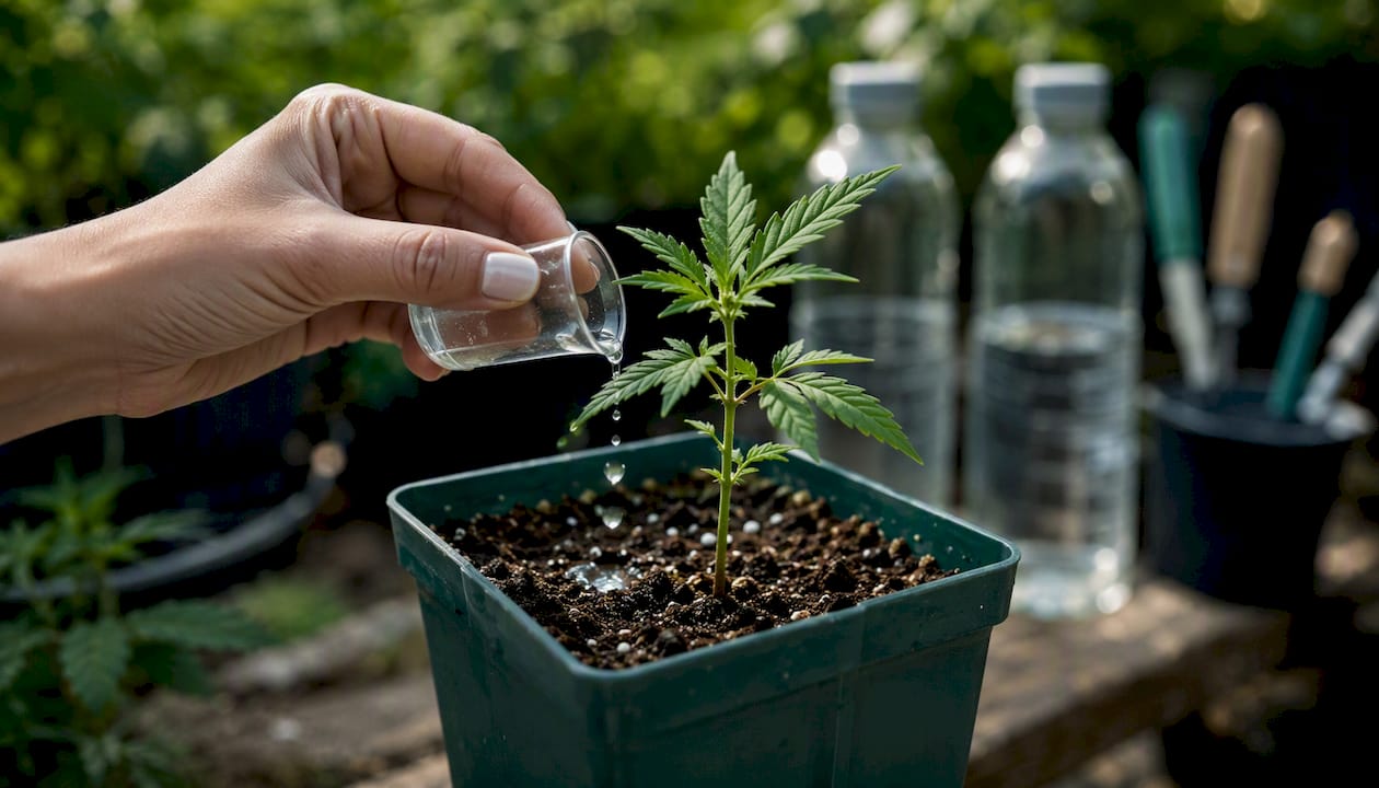 Una mano riega una pequeña planta de cannabis que crece en una maceta.