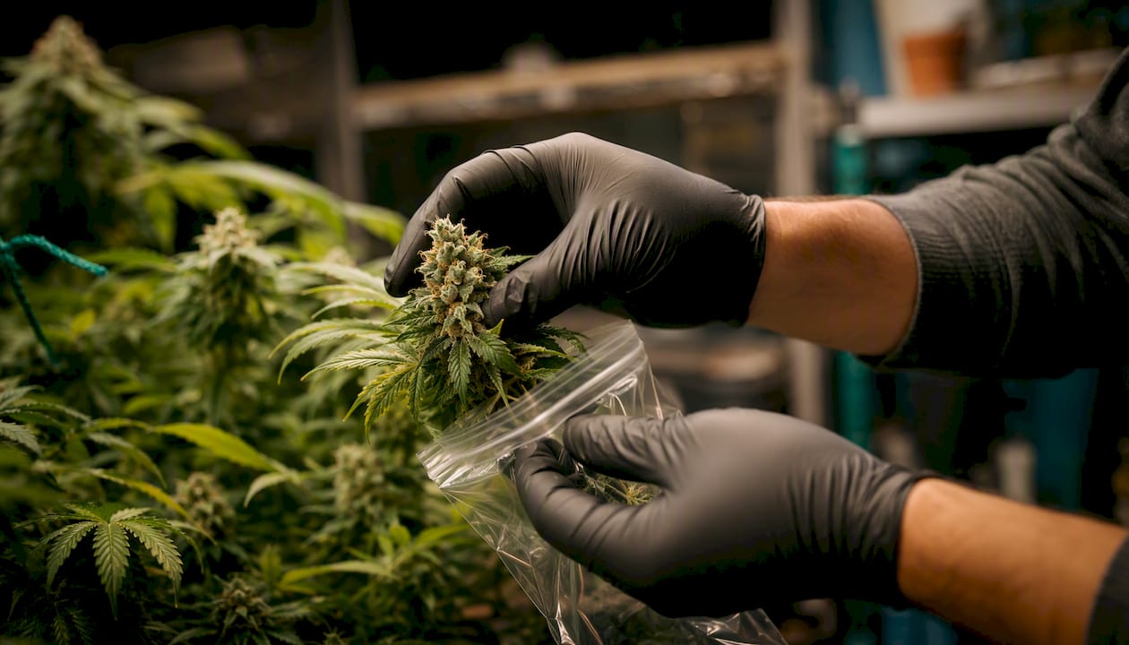 Una mano enguantada guarda una flor de cannabis en una bolsa hermética.