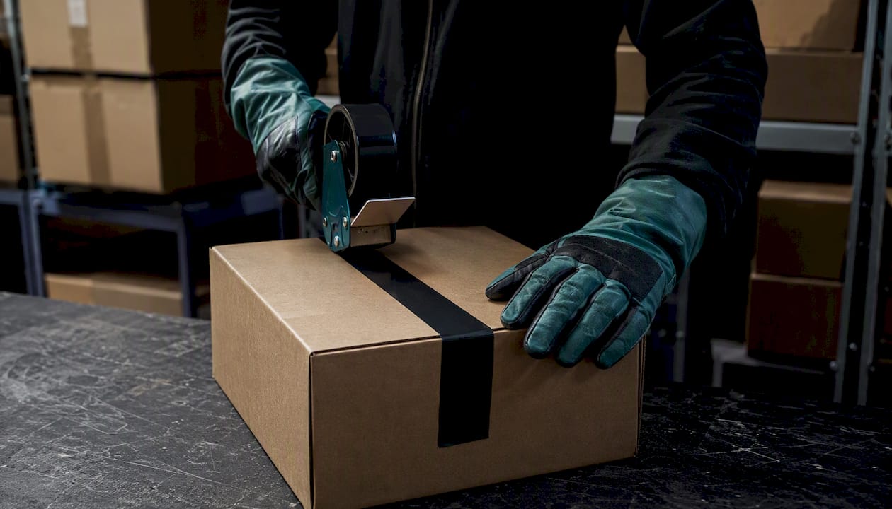 Manos enguantadas revisan y cierran cuidadosamente el paquete.