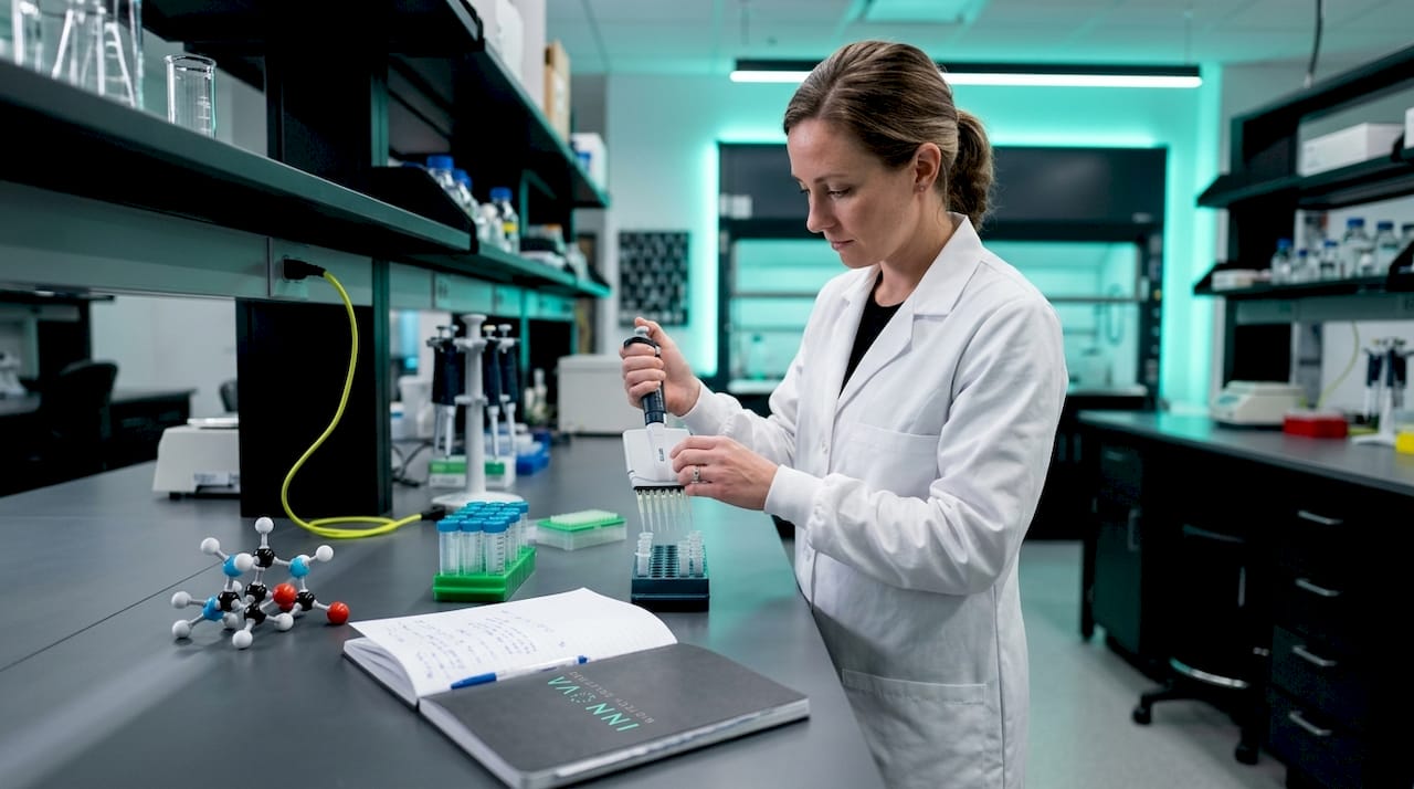 Scientist pipetting at biotech lab bench
